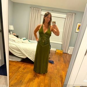 Stunning olive green and gold floor length beaded dress with pleated slits